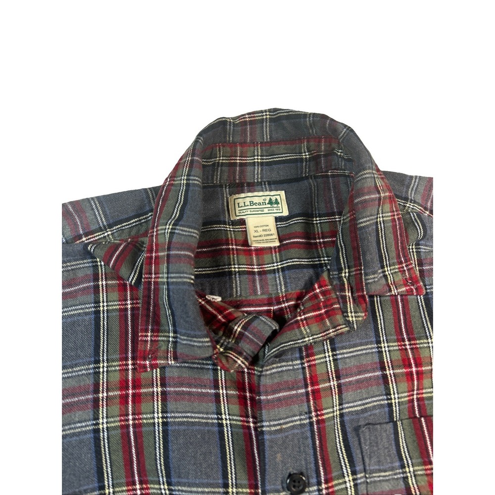 LL Bean Men's Flannel Button Shirt Gray/Red/Green Plaid • XL